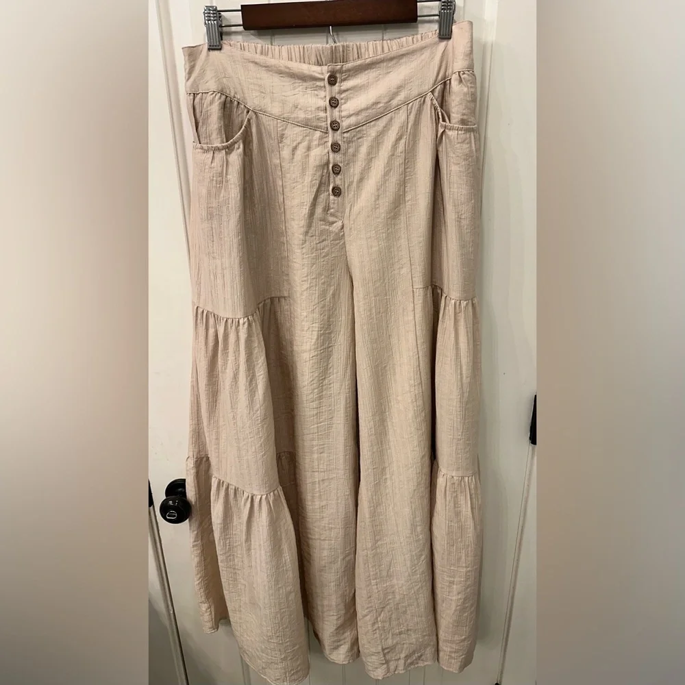 Polagram Tiered Tide Flowy Wide Leg Boho Palazzo Pants - Tan/Beige - L - Picture 2 of 5